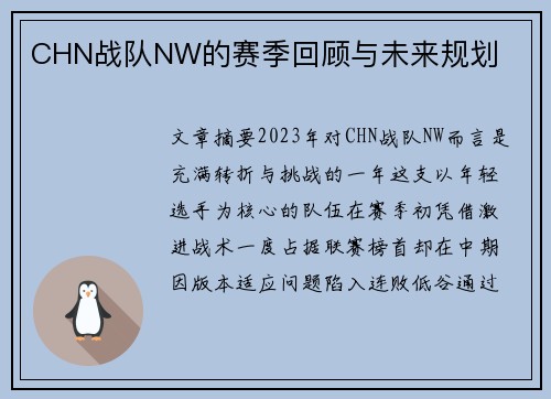 CHN战队NW的赛季回顾与未来规划